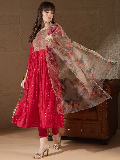 Neelangi Red Women Kurta and Leggings Duppata Set Chanderi Modal Butti - FitVibe Fashion