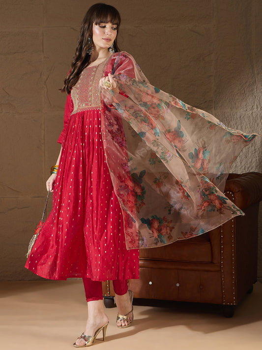 Neelangi Red Women Kurta and Leggings Duppata Set Chanderi Modal Butti - FitVibe Fashion