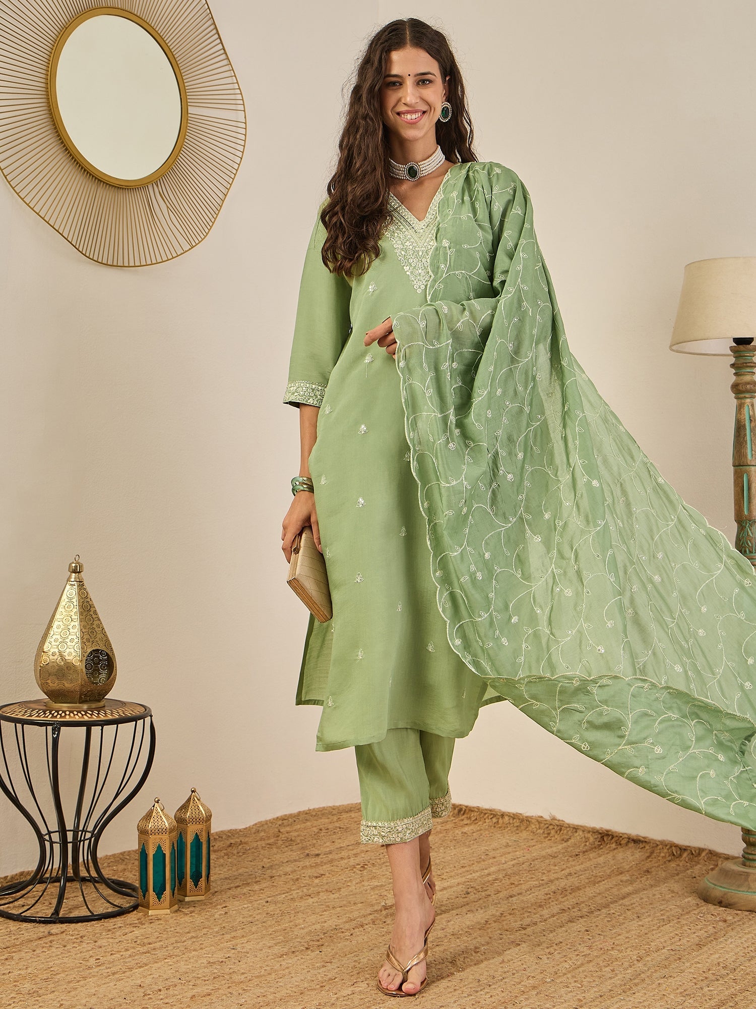 Krishna Elegant Silk Blend Kurta Set with Chanderi Dupatta Ready to Wear Embroidered Party Wear Outfit - FitVibe Fashion