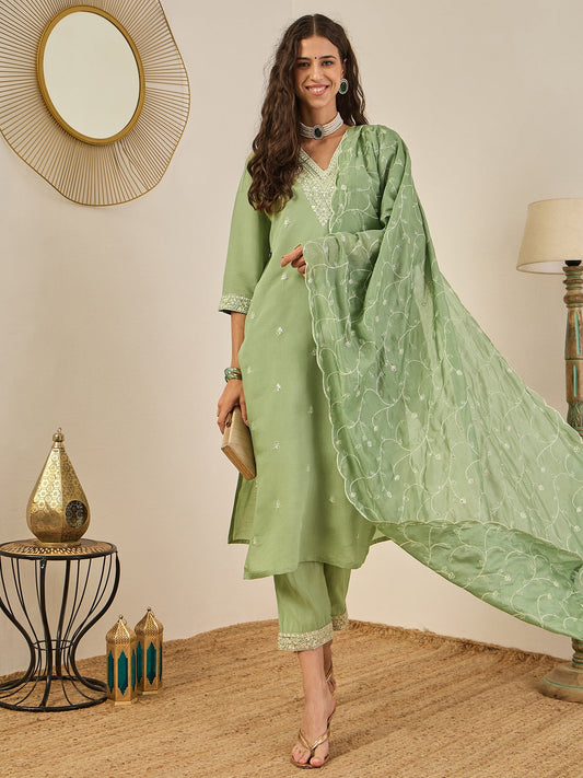 Krishna Elegant Silk Blend Kurta Set with Chanderi Dupatta Ready to Wear Embroidered Party Wear Outfit - FitVibe Fashion