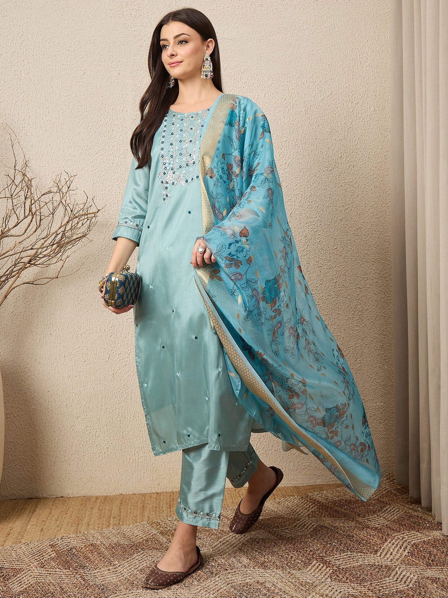 Mehfil Sky Women Silk Blend Kurta and Trousers Pant Set - FitVibe Fashion