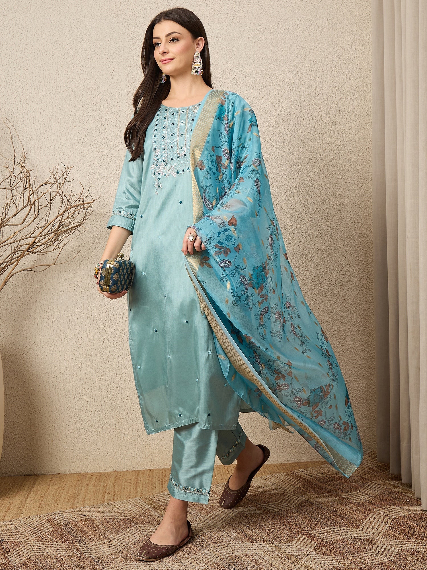 Mehfil Sky Women Silk Blend Kurta and Trousers Pant Set - FitVibe Fashion