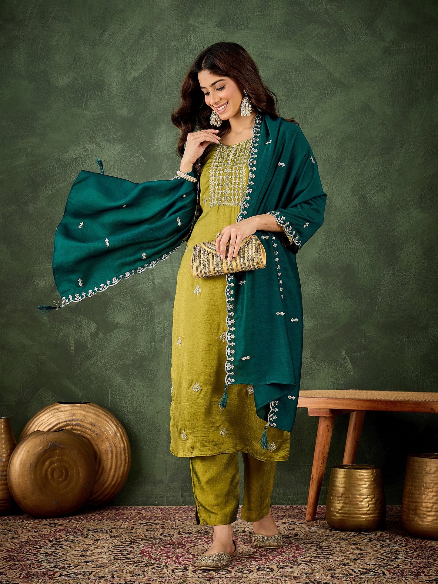 Women's Embroidered Silk Blend Kurta Pant Sets With Dupatta - FitVibe Fashion