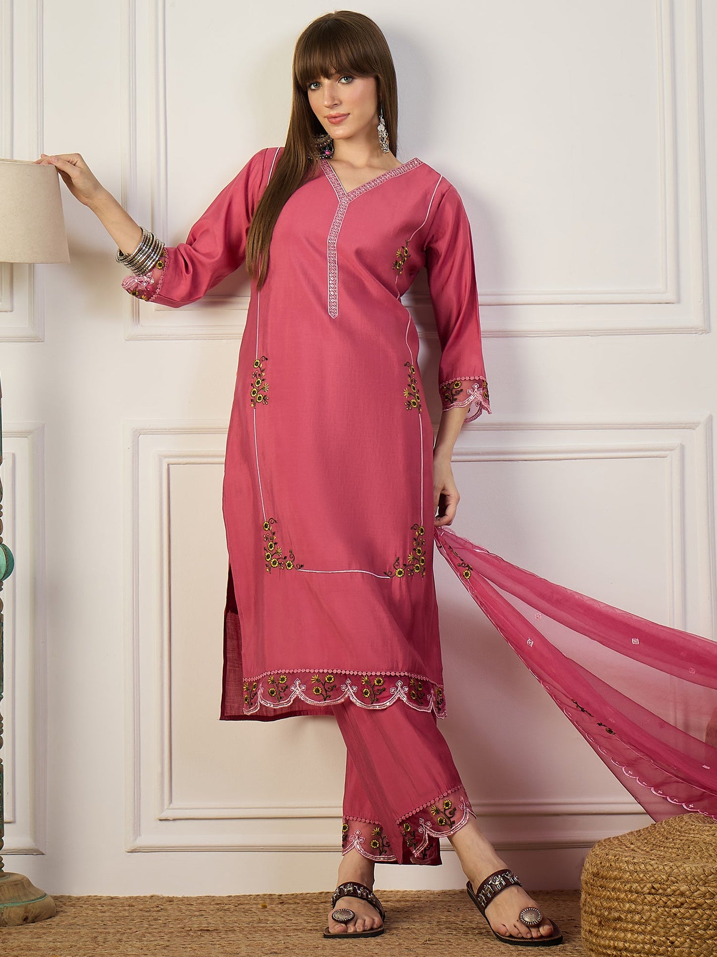 Kaily Pink Silk Embroidered Kurta with Trousers & Dupatta Suits - FitVibe Fashion