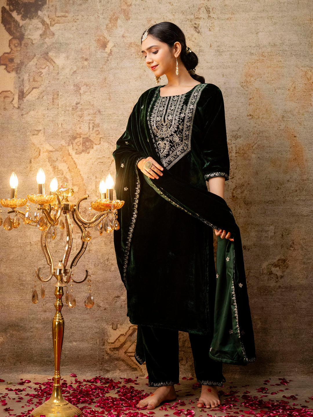 Women Velvet Kurta Pant Dupatta Set - FitVibe Fashion