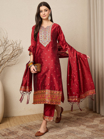Kahani Women Maroon Yoke Design Silk Blend Straight Suit With Dupatta - FitVibe Fashion