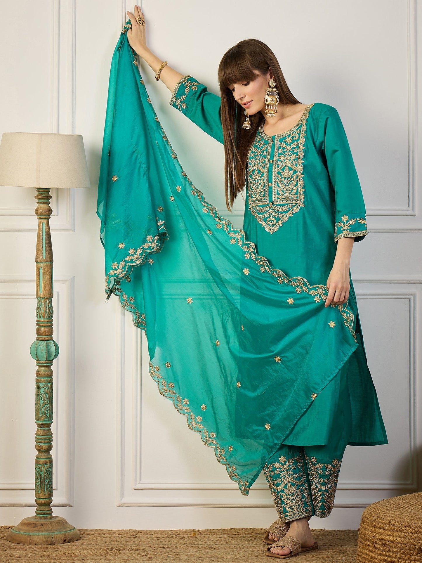 Heer Blue Floral Embroidered Thread Work Kurta with Palazzo & Dupatta Suits - FitVibe Fashion
