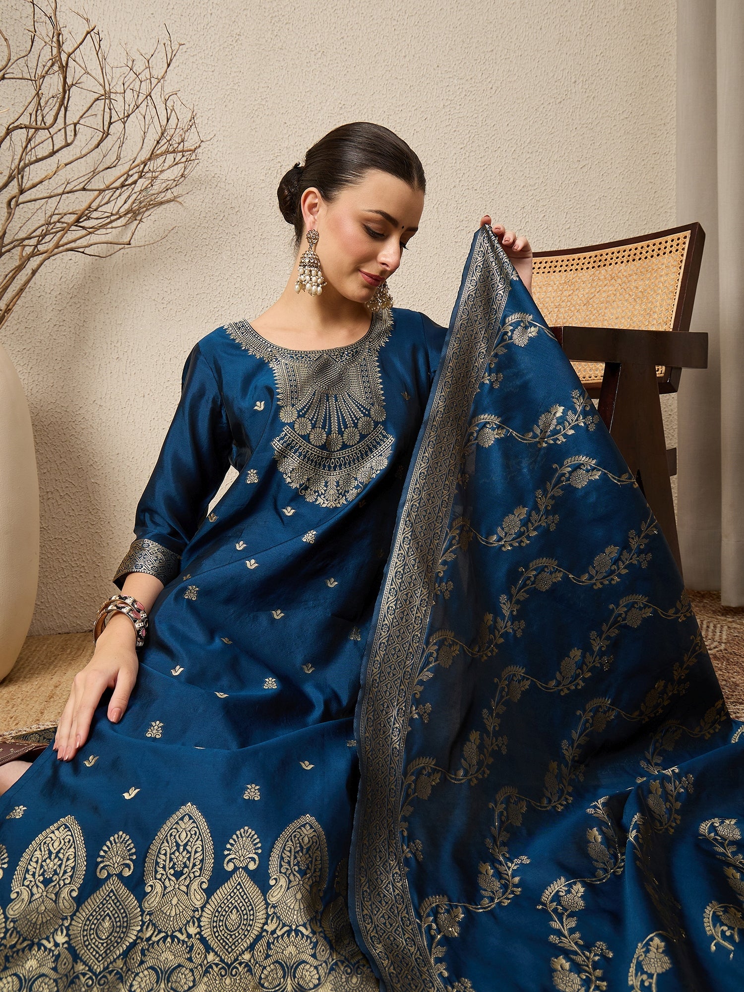 Malika Premium Kurta Set with Bottom and Dupatta Zari Work Comfortable Stylish - FitVibe Fashion