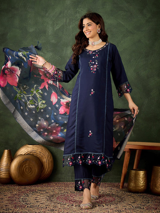 Devanshi Viscose Roman Silk Calf Length Kurta Set Dupatta - FitVibe Fashion