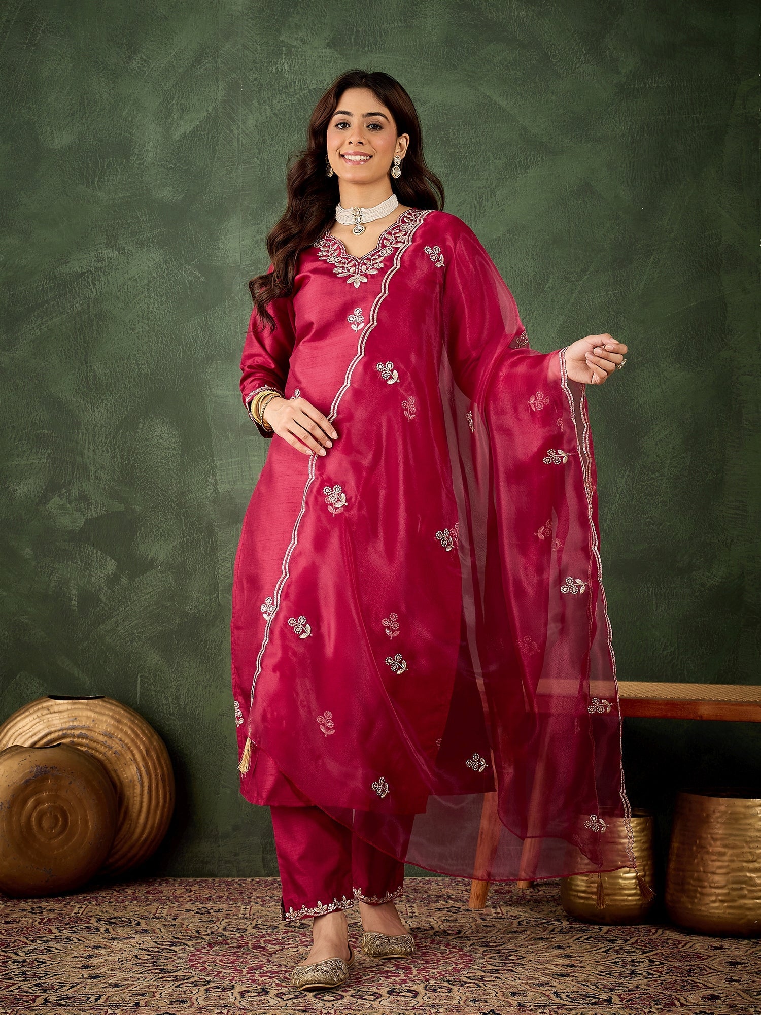 Riwaayat Women Kurta and Pant Dupatta Sets Silk Blend Fabrics with Embroidery - FitVibe Fashion