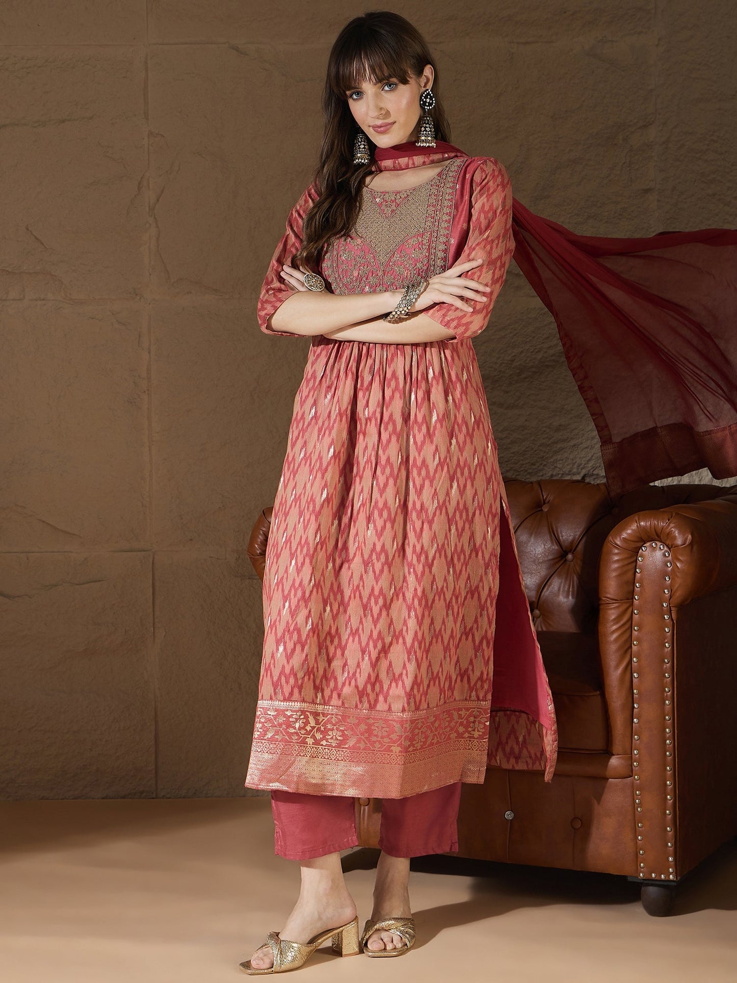 Saiyaara Peach Cotton Silk Embellished Flared Suit Set - FitVibe Fashion