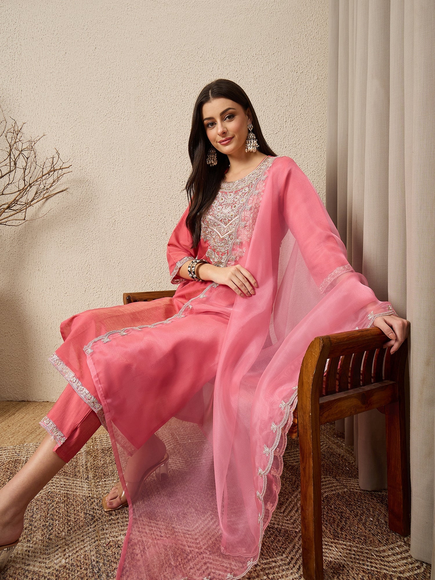 Saanwari Peach Silk Blend Calf Length Embroidered Straight Suit Set - FitVibe Fashion