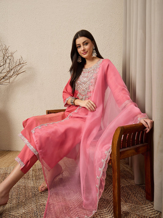 Saanwari Peach Silk Blend Calf Length Embroidered Straight Suit Set - FitVibe Fashion