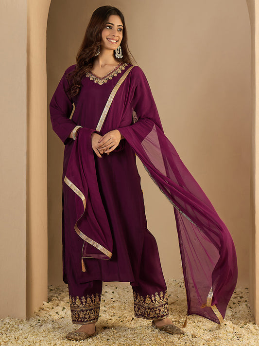 Pinaki Embroidered Silk Blend Calf Length Straight Kurta with Palazzo & Dupatta Set - FitVibe Fashion