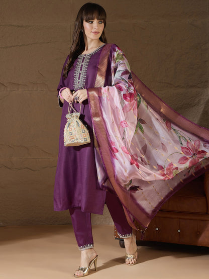 Nitya Purple Women Kurta and Trousers Pant Sets Cotton Blend - FitVibe Fashion