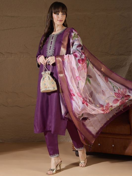 Nitya Purple Women Kurta and Trousers Pant Sets Cotton Blend - FitVibe Fashion