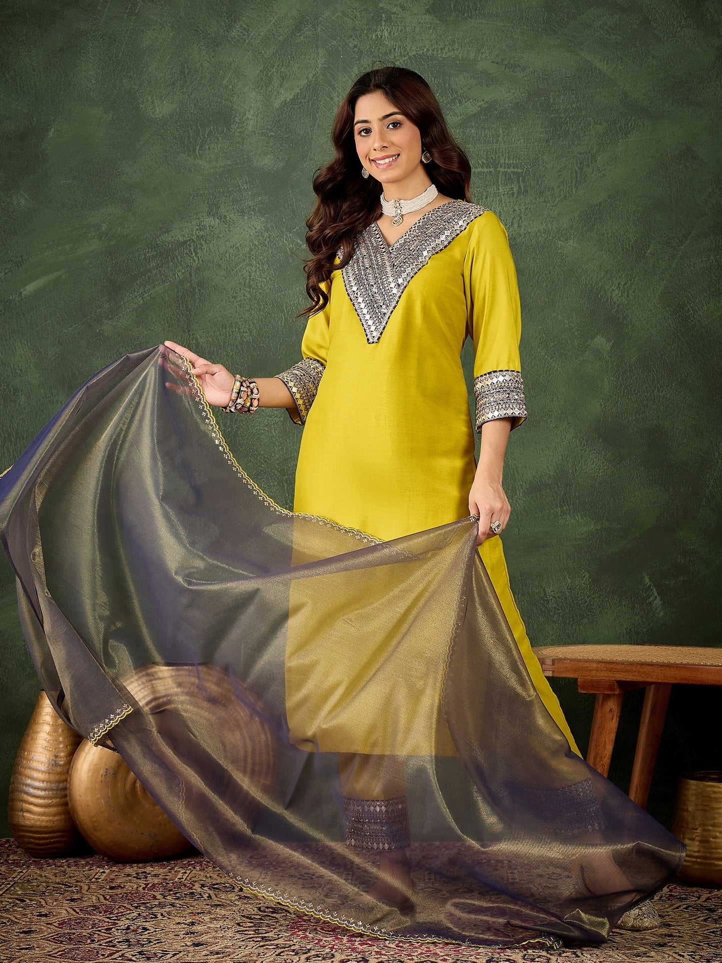 Rivaa Women's Embroidered Viscose Rayon Calf Length Straight Kurta Trouser with Dupatta Set - FitVibe Fashion