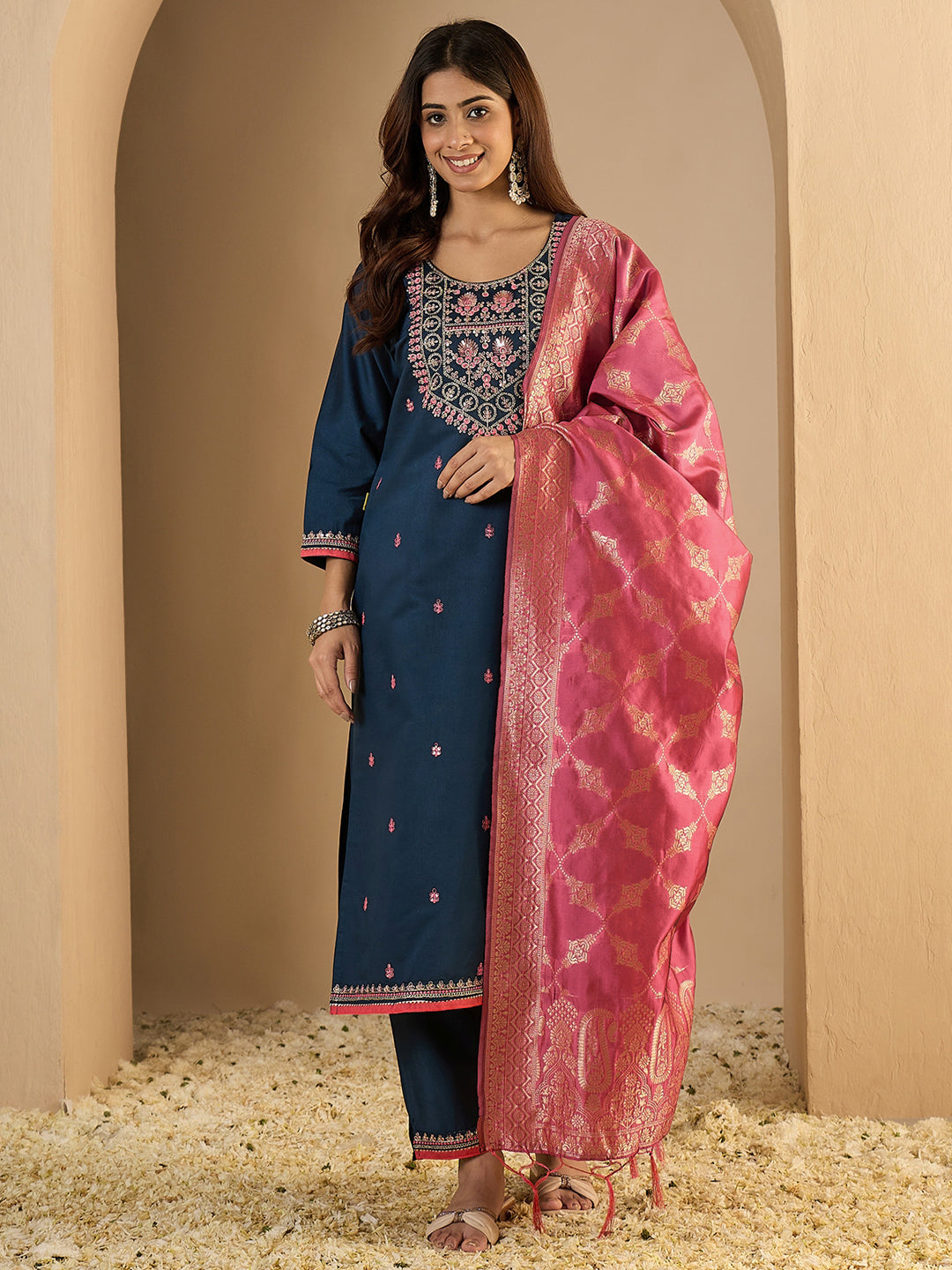 Indu Teal Silk Blend Embroidered Straight Suit Set With Dupatta - FitVibe Fashion