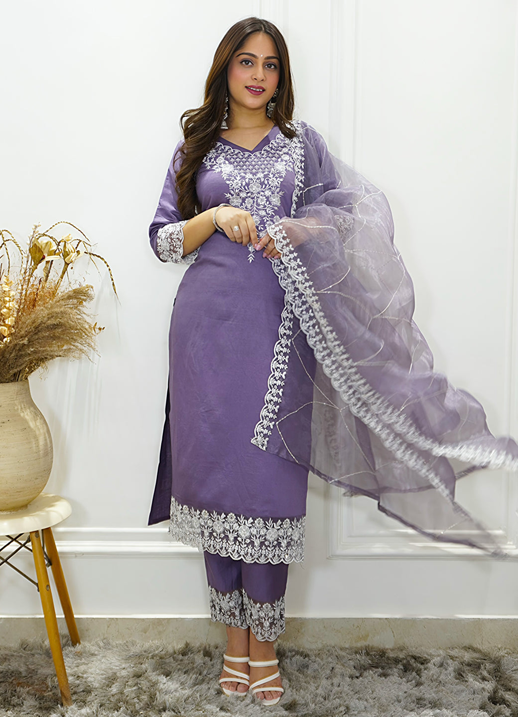 Shaam Lavender Silk Blend Calf Length Embroidered Straight Suit Set - FitVibe Fashion
