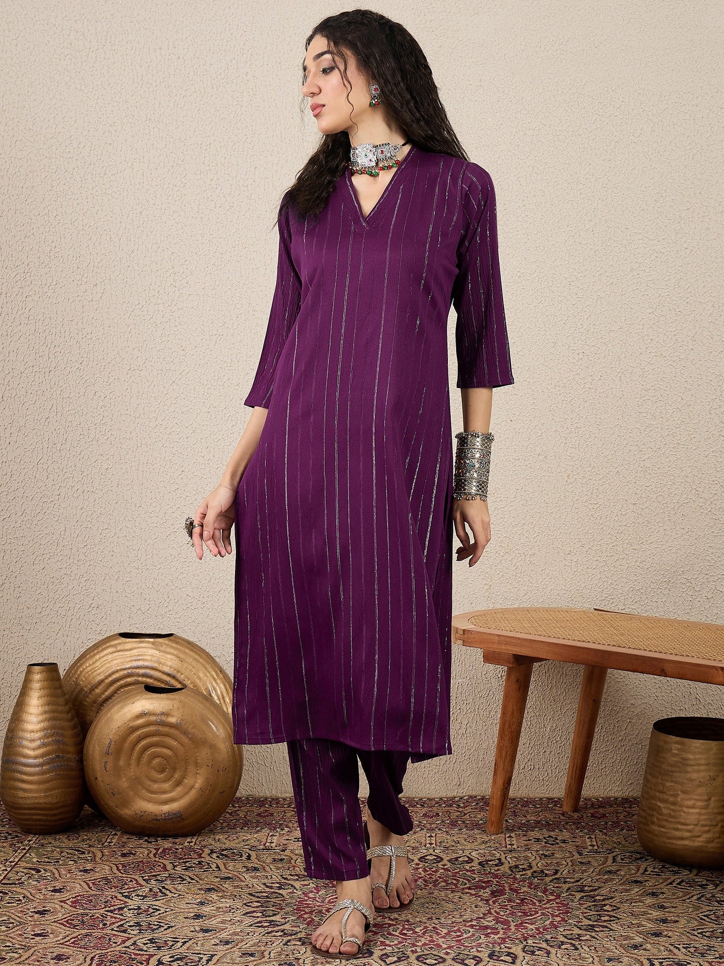 Samara Women's Office, Festive Wear Purple Straight Kurta & Pant, Co-ord Set - FitVibe Fashion