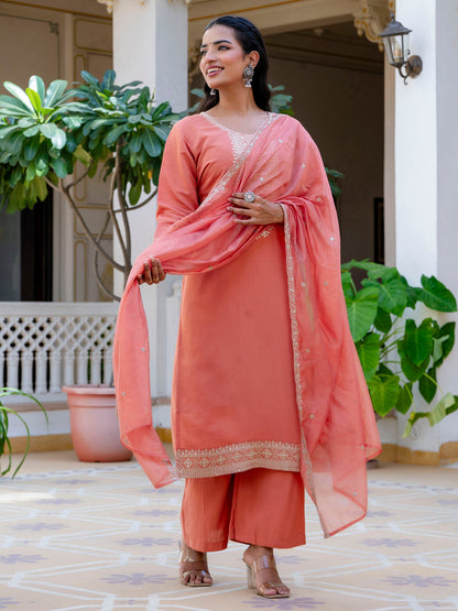 Women's Embroidered Silk Blend Calf Length Straight Kurta with Palazzo & Dupatta Set - FitVibe Fashion