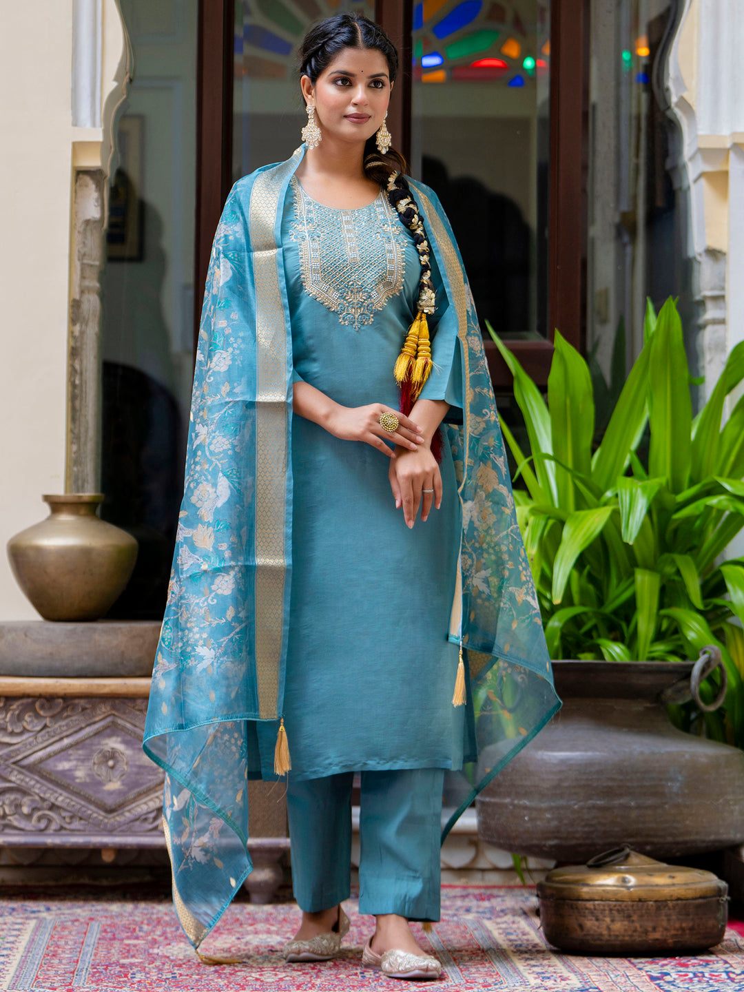 Women's Embroidered Silk Blend Calf Length Straight Kurta Trouser with Dupatta Set - FitVibe Fashion