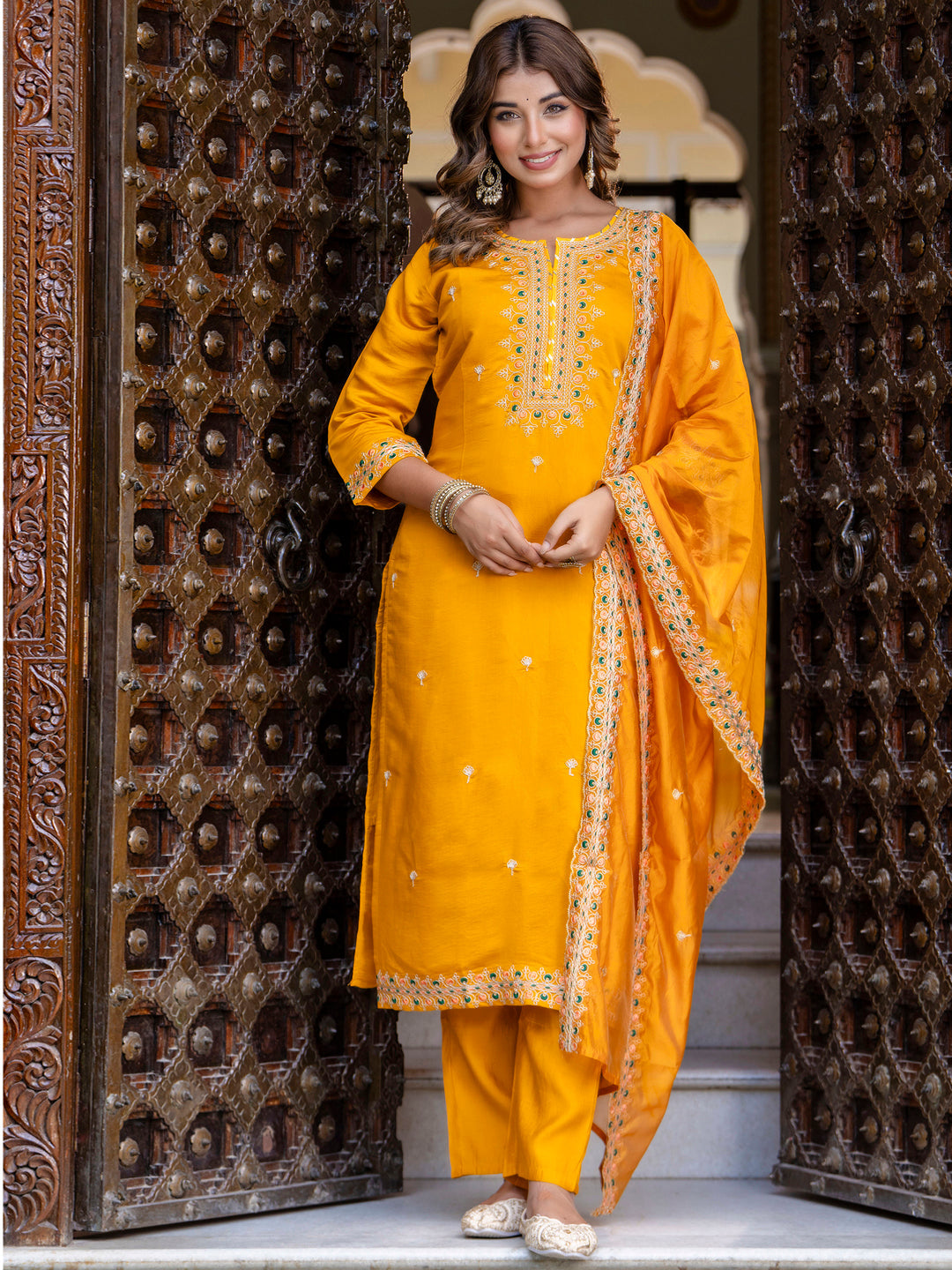 Women's Embroidered Silk Blend Calf Length Straight Kurta Trouser with Dupatta Set - FitVibe Fashion