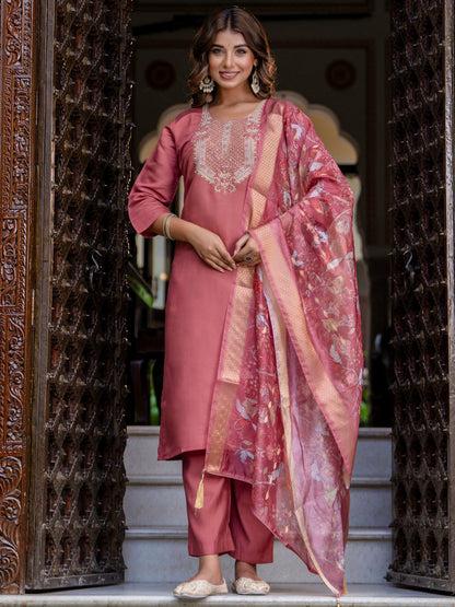 Women's Embroidered Silk Blend Calf Length Straight Kurta Trouser with Dupatta Set - FitVibe Fashion