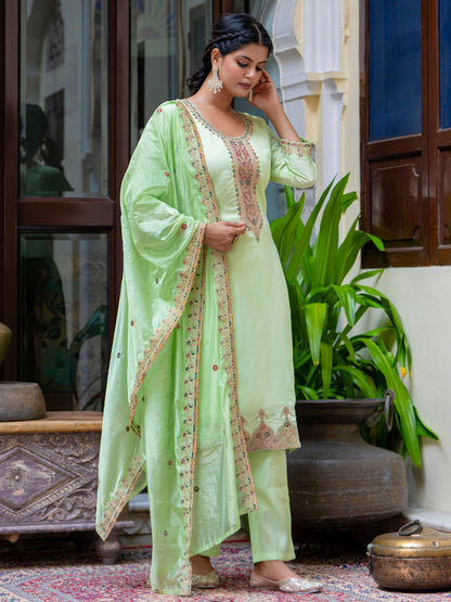 Women's Embroidered Silk Blend Calf Length Straight Kurta Trouser with Dupatta Set - FitVibe Fashion