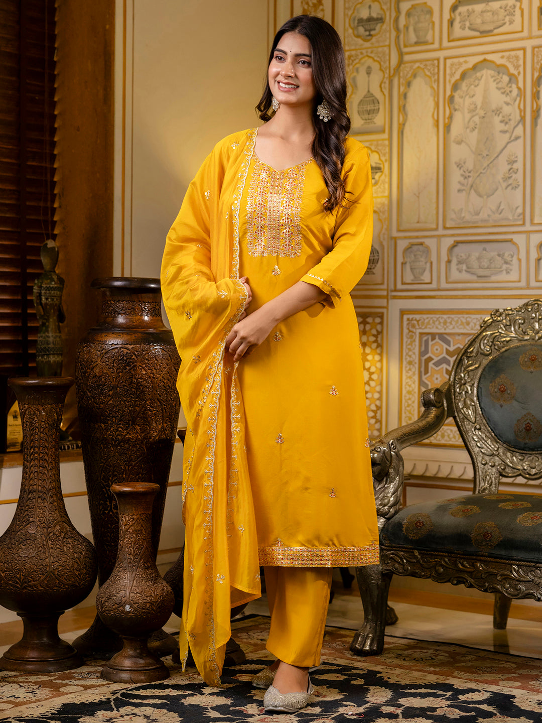 Women's Embroidered Silk Blend Calf Length Straight Kurta with Palazzo & Dupatta Set - FitVibe Fashion