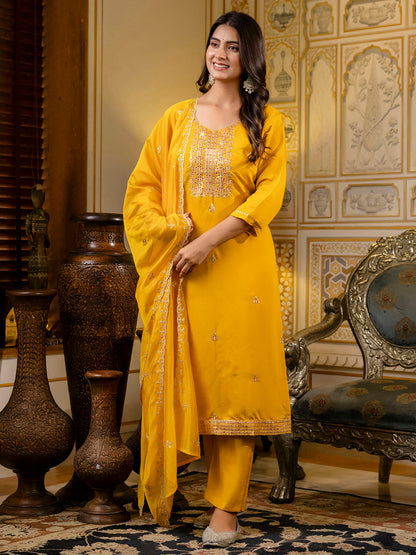 Women's Embroidered Silk Blend Calf Length Straight Kurta with Palazzo & Dupatta Set - FitVibe Fashion