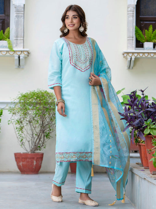 Women's Embroidered Silk Blend Calf Length Straight Kurta Trouser with Dupatta Set - FitVibe Fashion