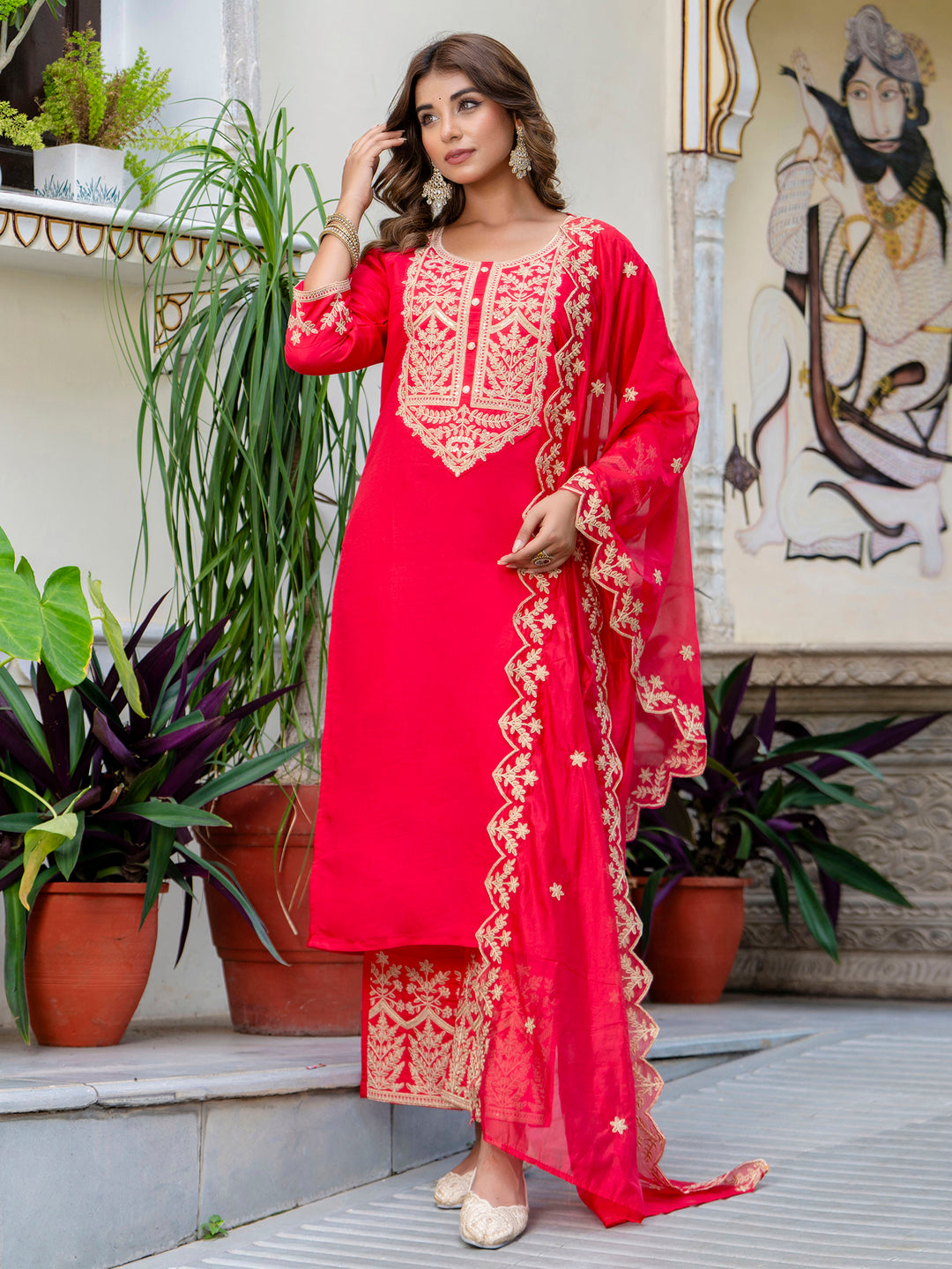 Women's Embroidered Silk Blend Calf Length Straight Kurta with Palazzo & Dupatta Set - FitVibe Fashion