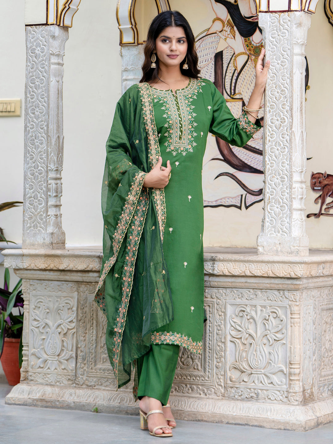 Women's Embroidered Silk Blend Calf Length Straight Kurta Trouser with Dupatta Set - FitVibe Fashion