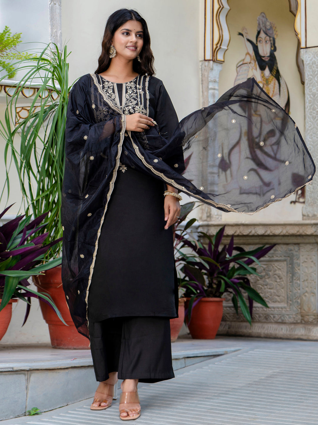 Women's Embroidered Silk Blend Calf Length Straight Kurta with Palazzo & Dupatta Set - FitVibe Fashion