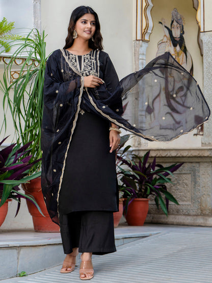 Women's Embroidered Silk Blend Calf Length Straight Kurta with Palazzo & Dupatta Set - FitVibe Fashion
