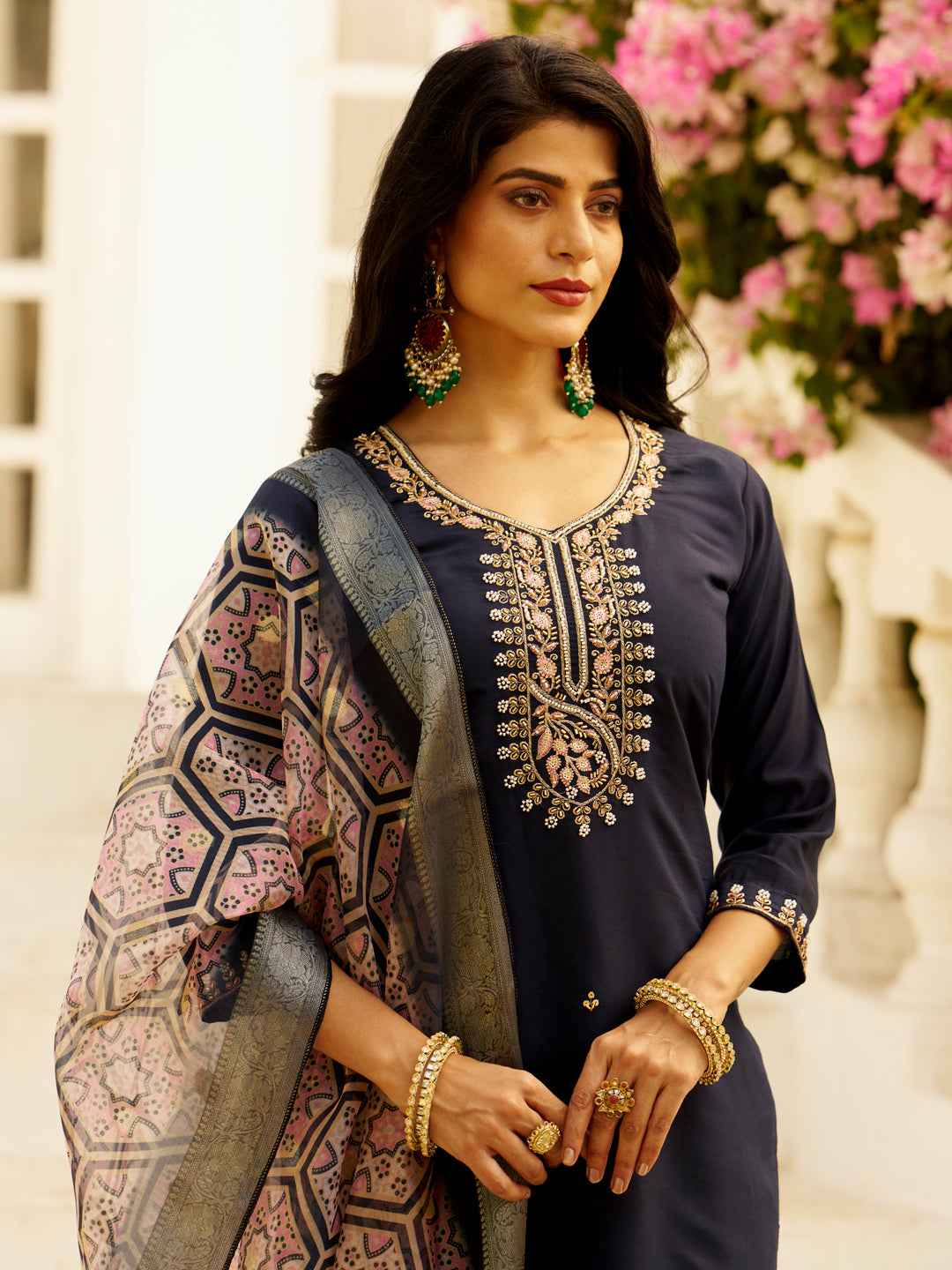 Aarohi Beads Embroidered Silk Blend Blue Women Kurta Sets With Dupatta Straight Suits
