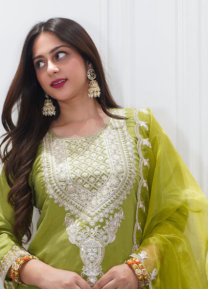 Saubhagyavati Pista Silk Blend Calf Length Embroidered Straight Suit Set - FitVibe Fashion