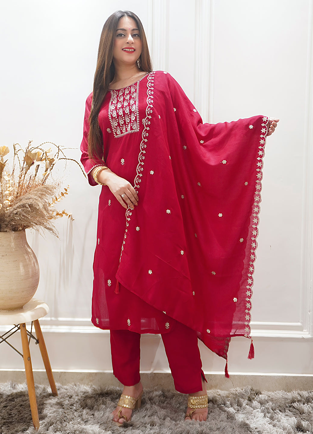 Zariyaa Silk Blend Embroidered Anarkali Kurta Pant Set with Dupatta Party Wear Ethnic Suit for Women - FitVibe Fashion