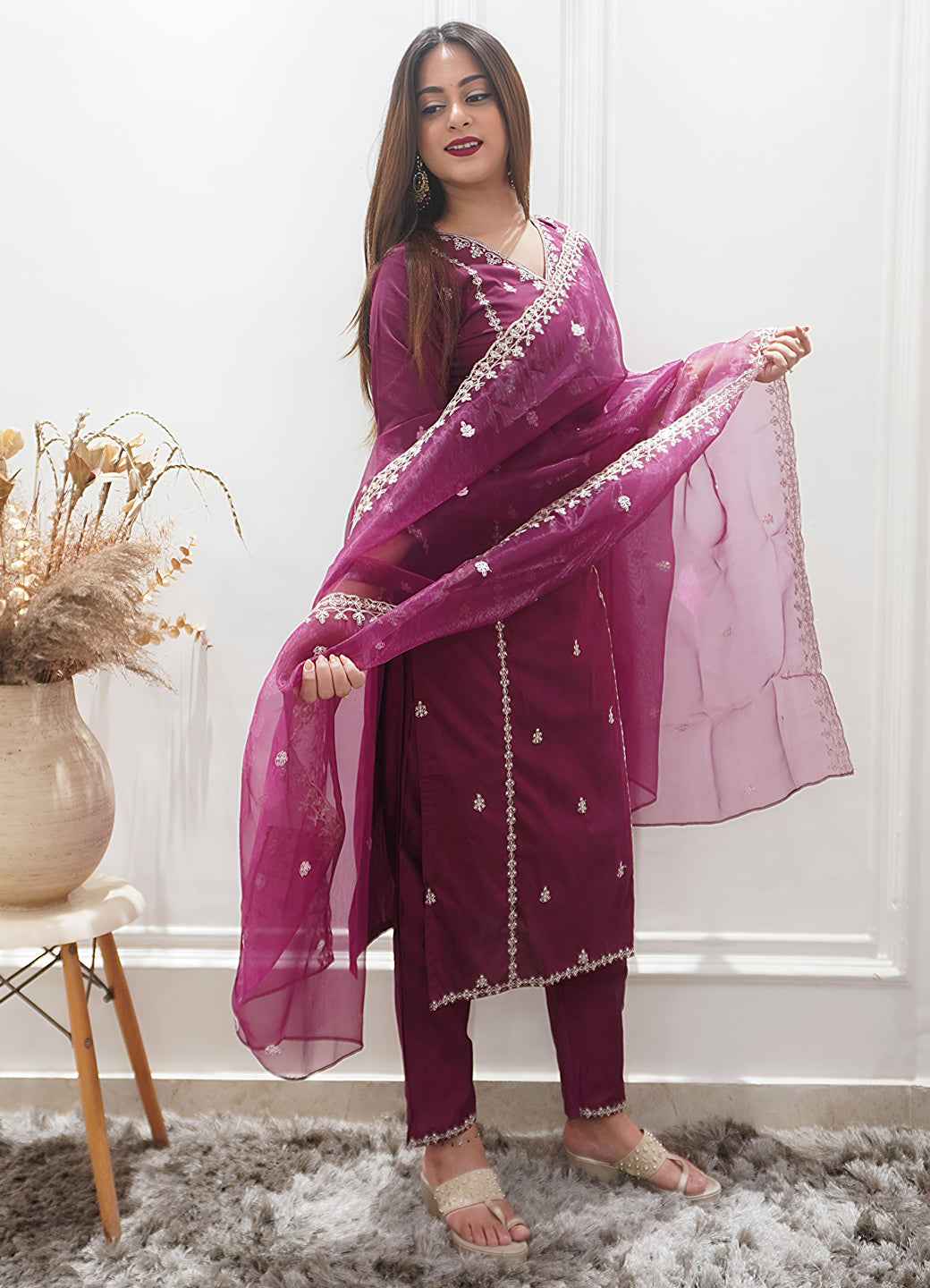 Aabha Womens Embroidered Silk Blend Kurta Pant Dupatta Set Stylish Comfortable Ethnic Wear