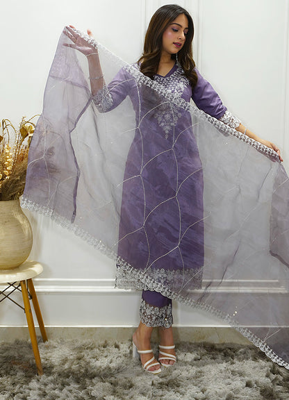 Shaam Lavender Silk Blend Calf Length Embroidered Straight Suit Set - FitVibe Fashion