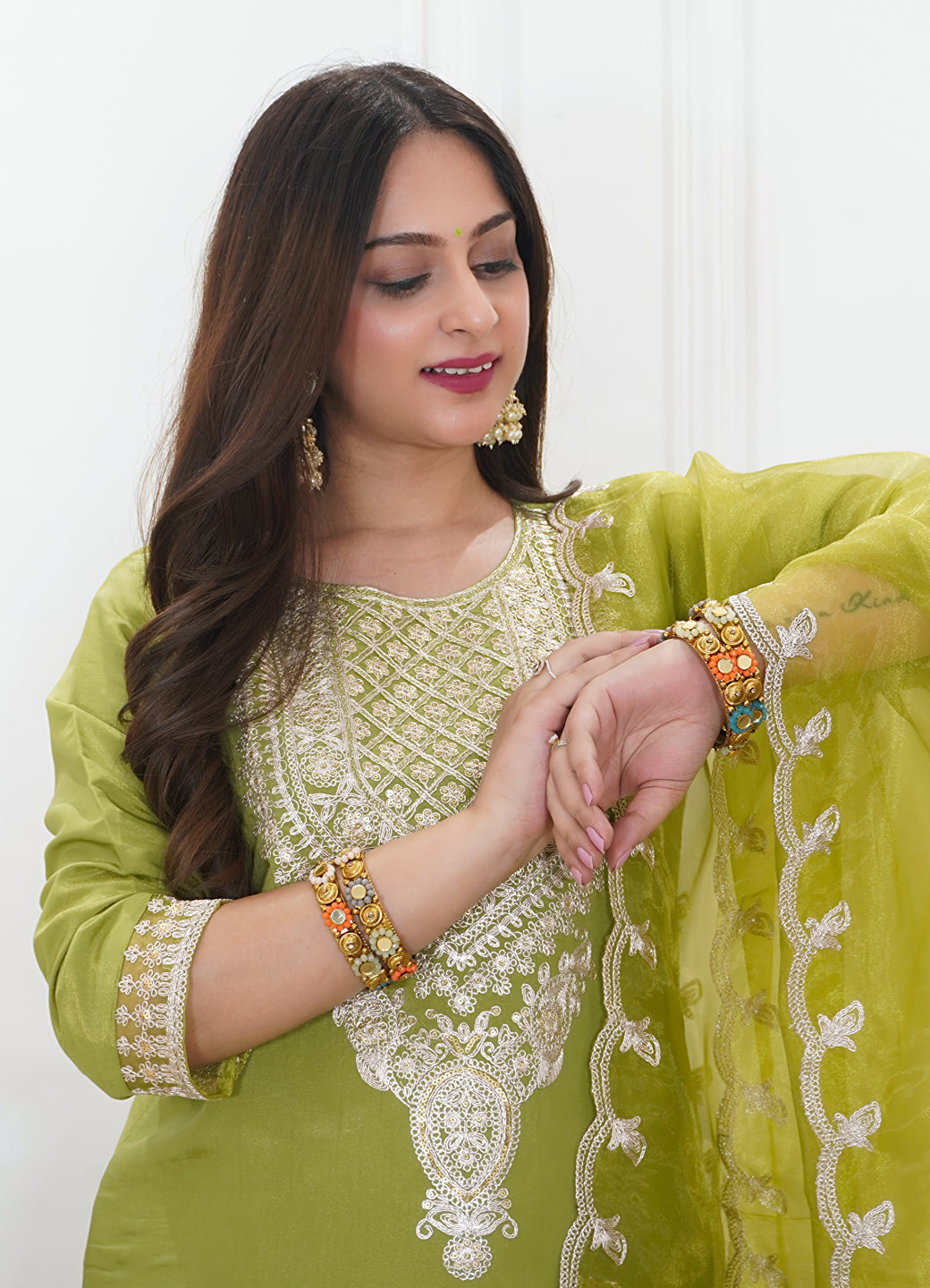 Saubhagyavati Pista Silk Blend Calf Length Embroidered Straight Suit Set - FitVibe Fashion