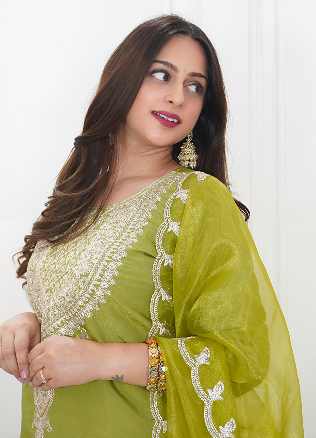 Saubhagyavati Pista Silk Blend Calf Length Embroidered Straight Suit Set - FitVibe Fashion