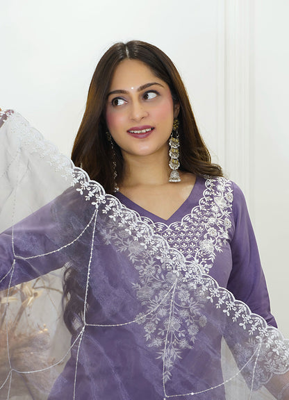 Shaam Lavender Silk Blend Calf Length Embroidered Straight Suit Set - FitVibe Fashion