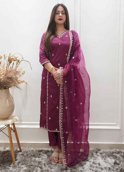 Aabha Womens Embroidered Silk Blend Kurta Pant Dupatta Set Stylish Comfortable Ethnic Wear