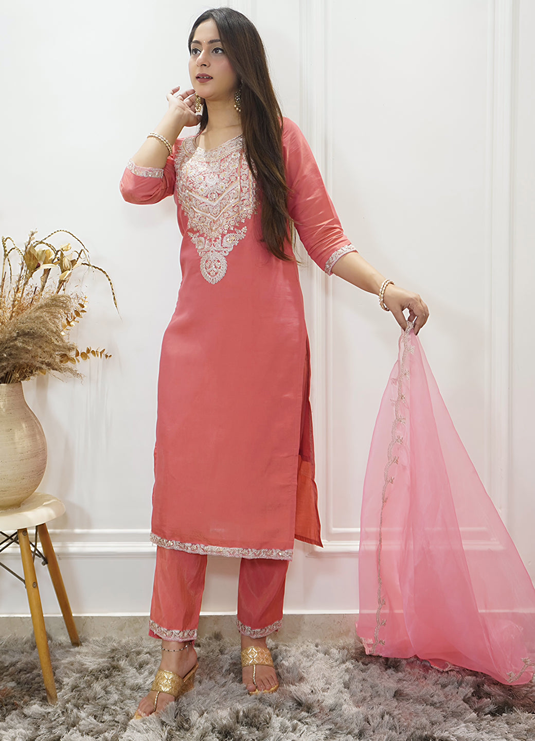 Sohbat Peach Silk Blend Calf Length Embroidered Straight Suit Set - FitVibe Fashion