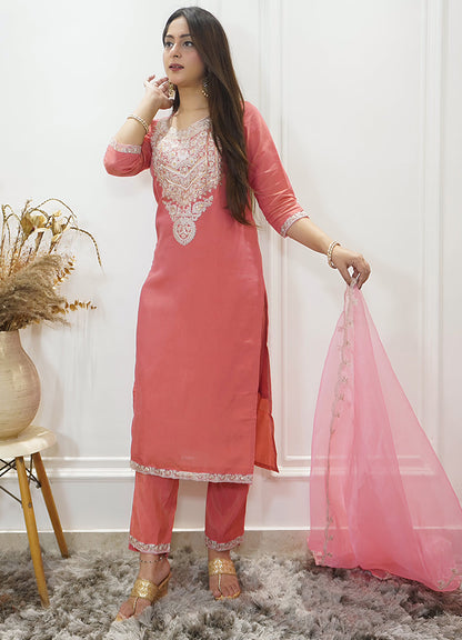 Sohbat Peach Silk Blend Calf Length Embroidered Straight Suit Set - FitVibe Fashion