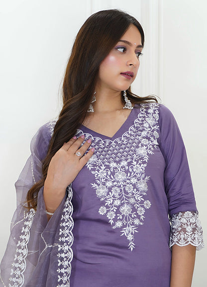 Shaam Lavender Silk Blend Calf Length Embroidered Straight Suit Set - FitVibe Fashion