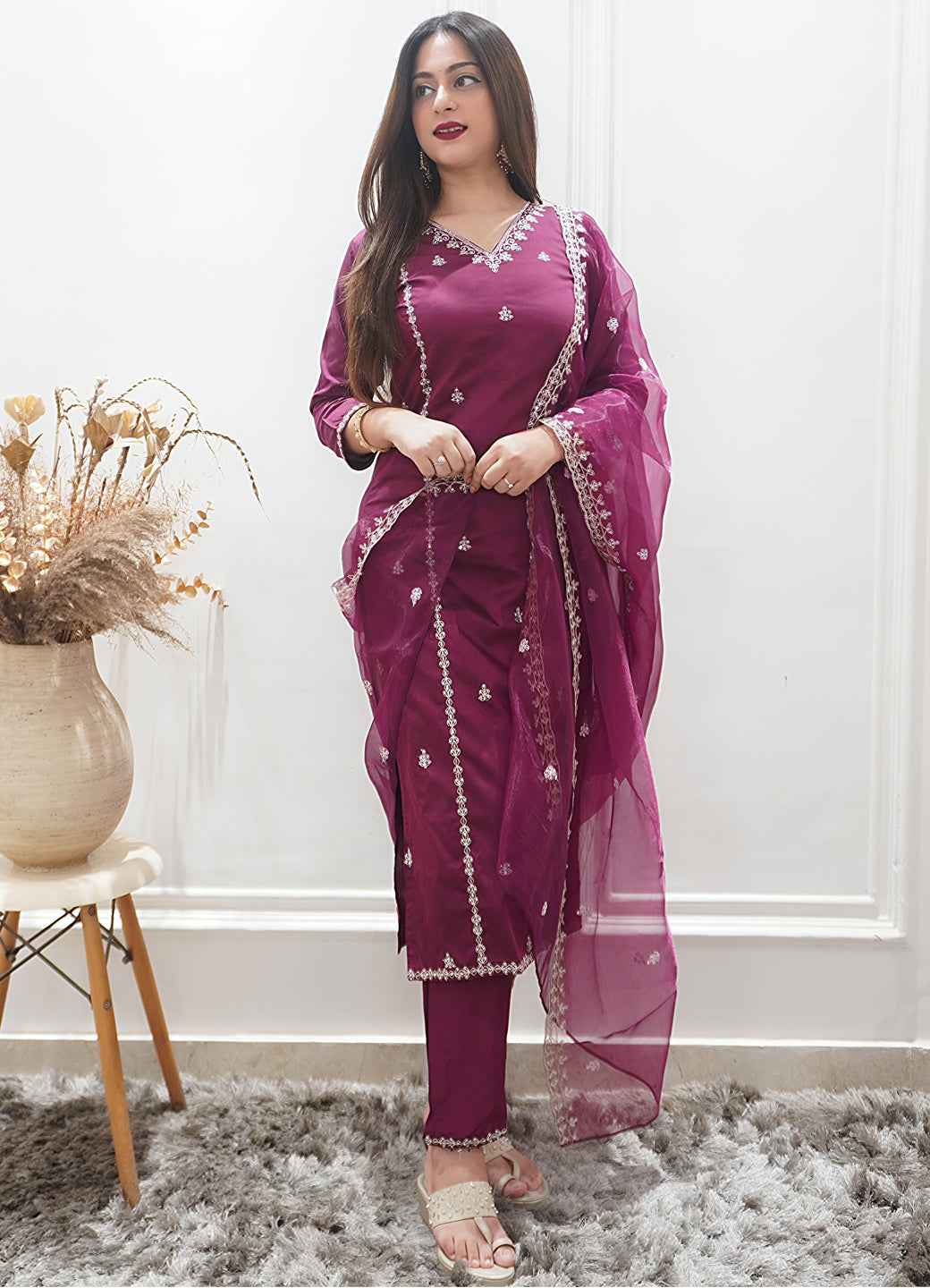 Aabha Womens Embroidered Silk Blend Kurta Pant Dupatta Set Stylish Comfortable Ethnic Wear