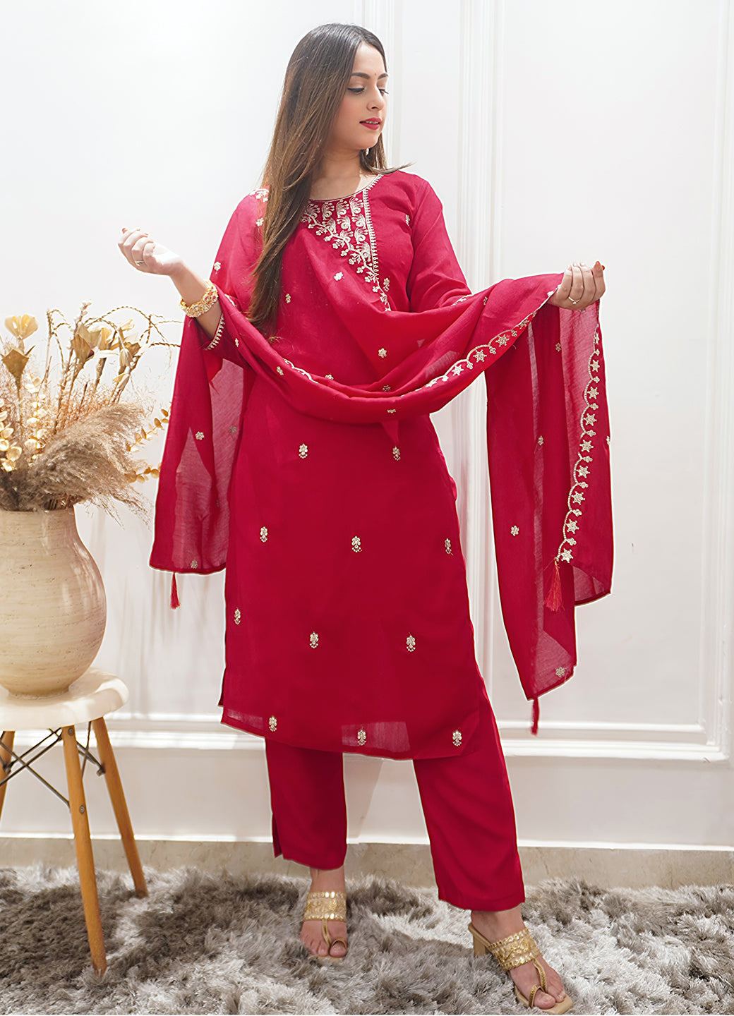 Zariyaa Silk Blend Embroidered Anarkali Kurta Pant Set with Dupatta Party Wear Ethnic Suit for Women - FitVibe Fashion